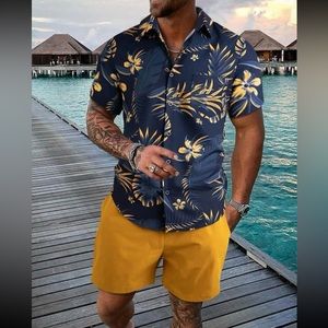 Men Tropical Print Shirt & Drawstring Waist Shorts Without Tee